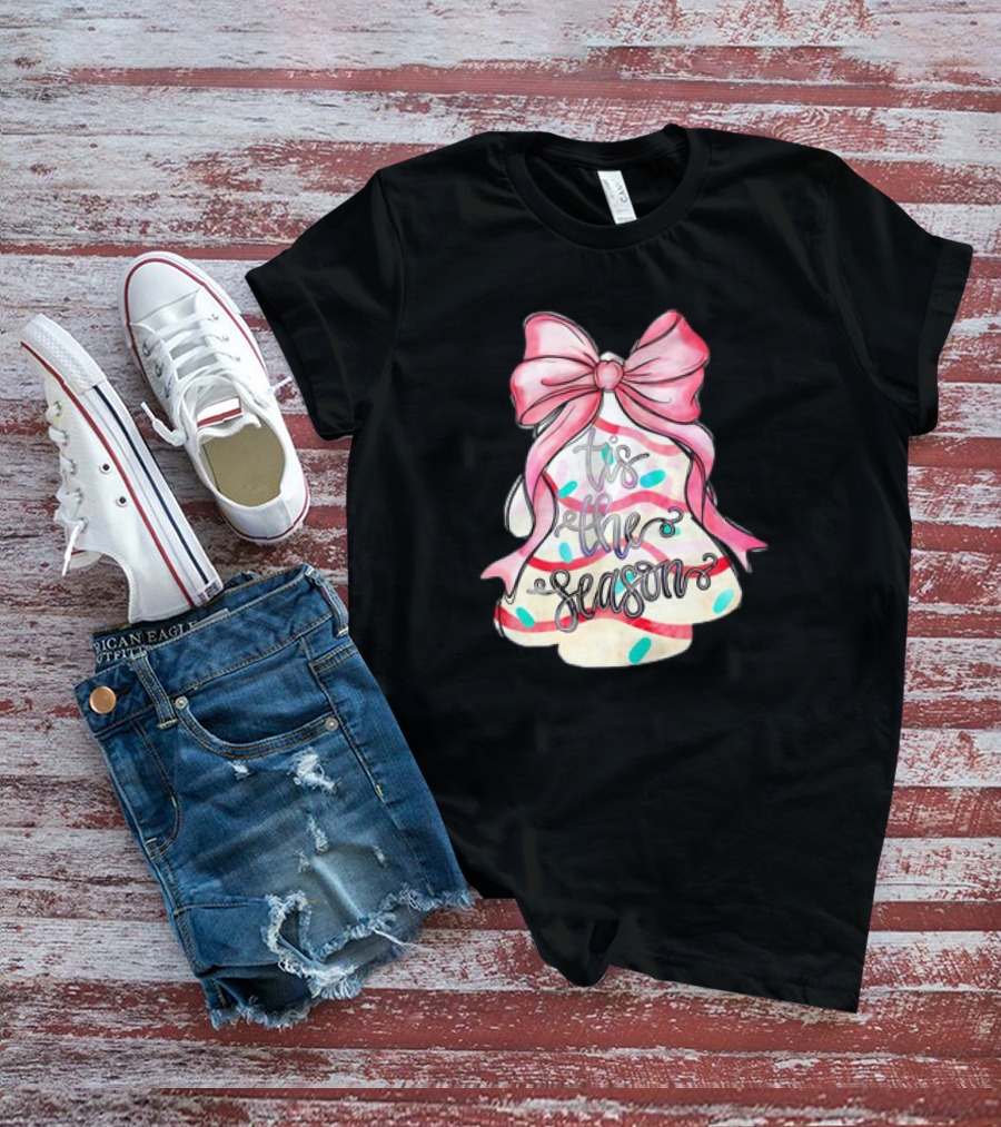 Tis The Season Christmas Tree Cakes Pink Bow T-Shirt