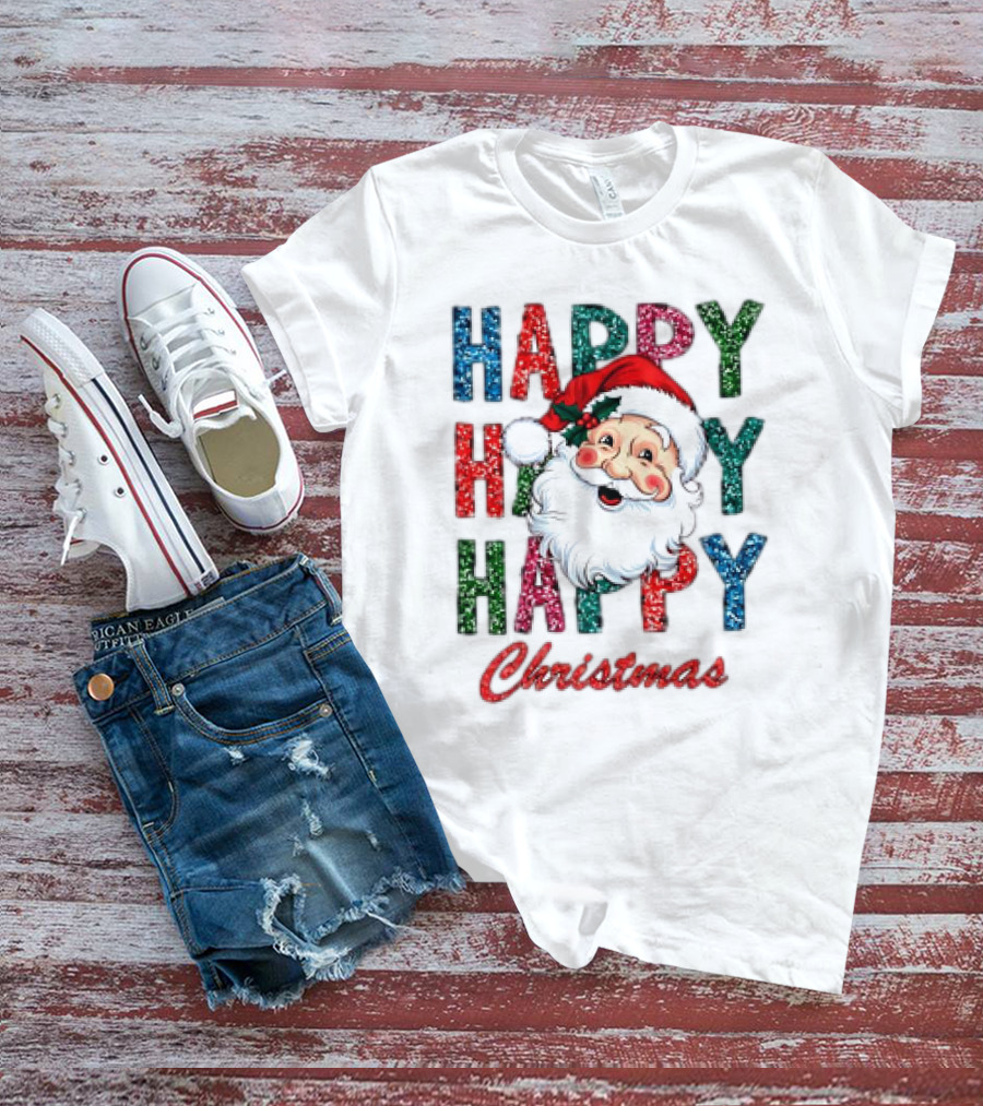 Glitter Happy Happy Happy Christmas Santa Claus T-Shirt