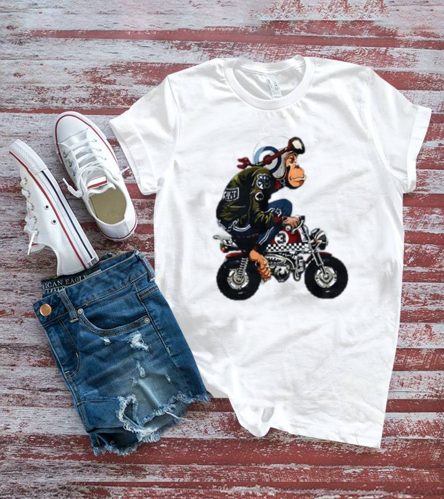 Monkey Riding Checkered Mini Bike Cartoon T-Shirt