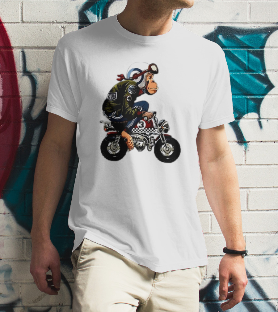Monkey Riding Checkered Mini Bike Cartoon T-Shirt