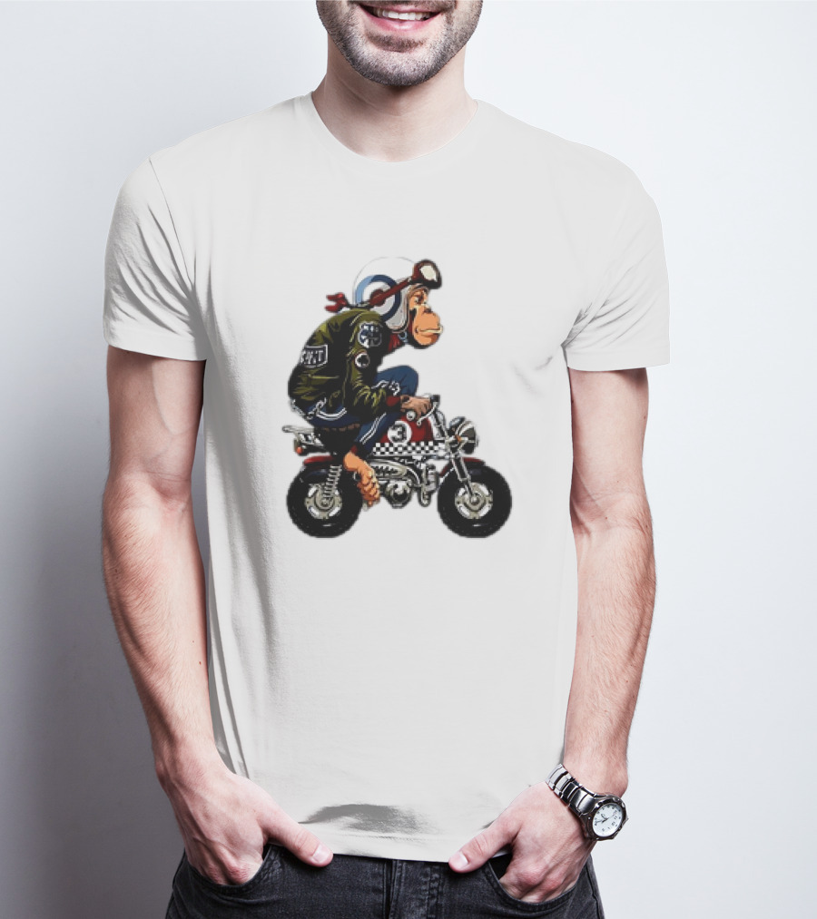 Monkey Riding Checkered Mini Bike Cartoon T-Shirt
