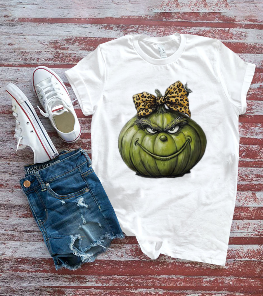 Retro Vintage Leopard Bow Grinch Pumpkin T-Shirt