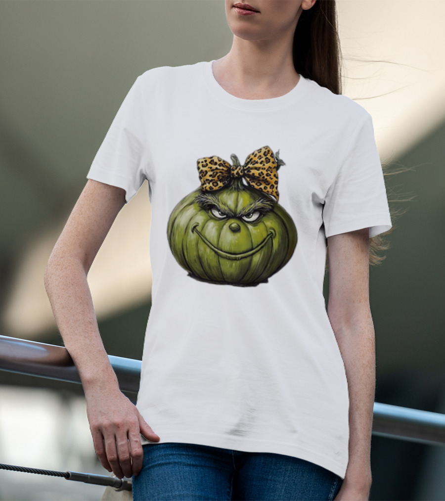 Retro Vintage Leopard Bow Grinch Pumpkin T-Shirt