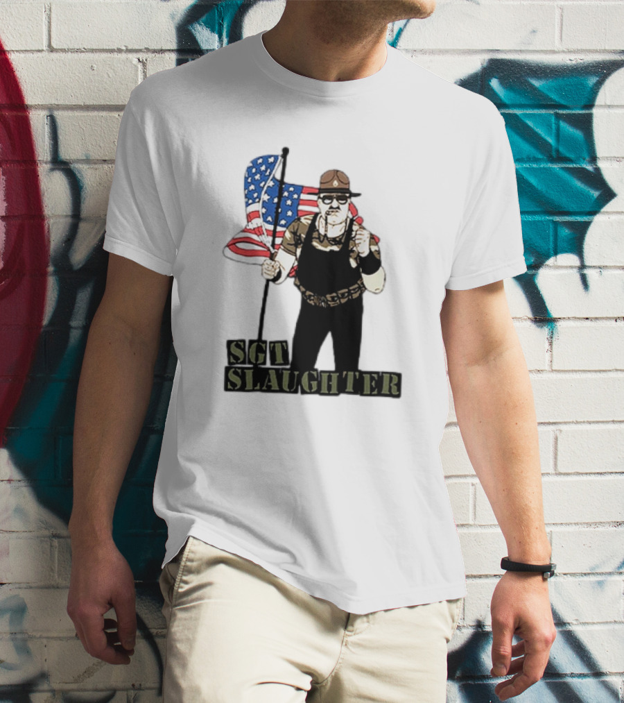 SGT Slaughter Holding American Flag Iconic Wrestling Figure T-Shirt