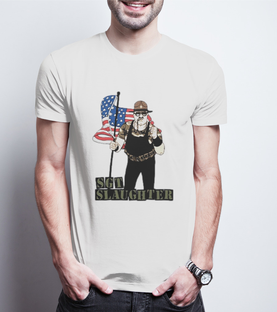 SGT Slaughter Holding American Flag Iconic Wrestling Figure T-Shirt