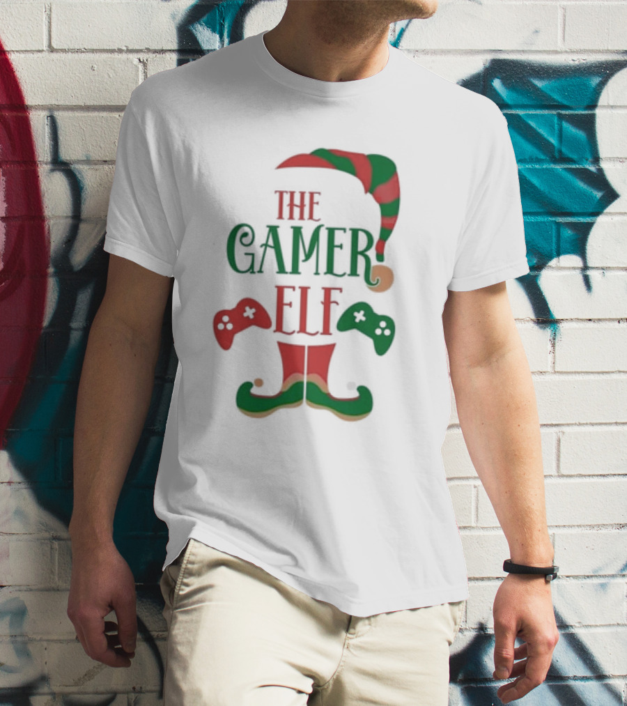 The Gamer Elf With Christmas Hat And Controllers T-Shirt