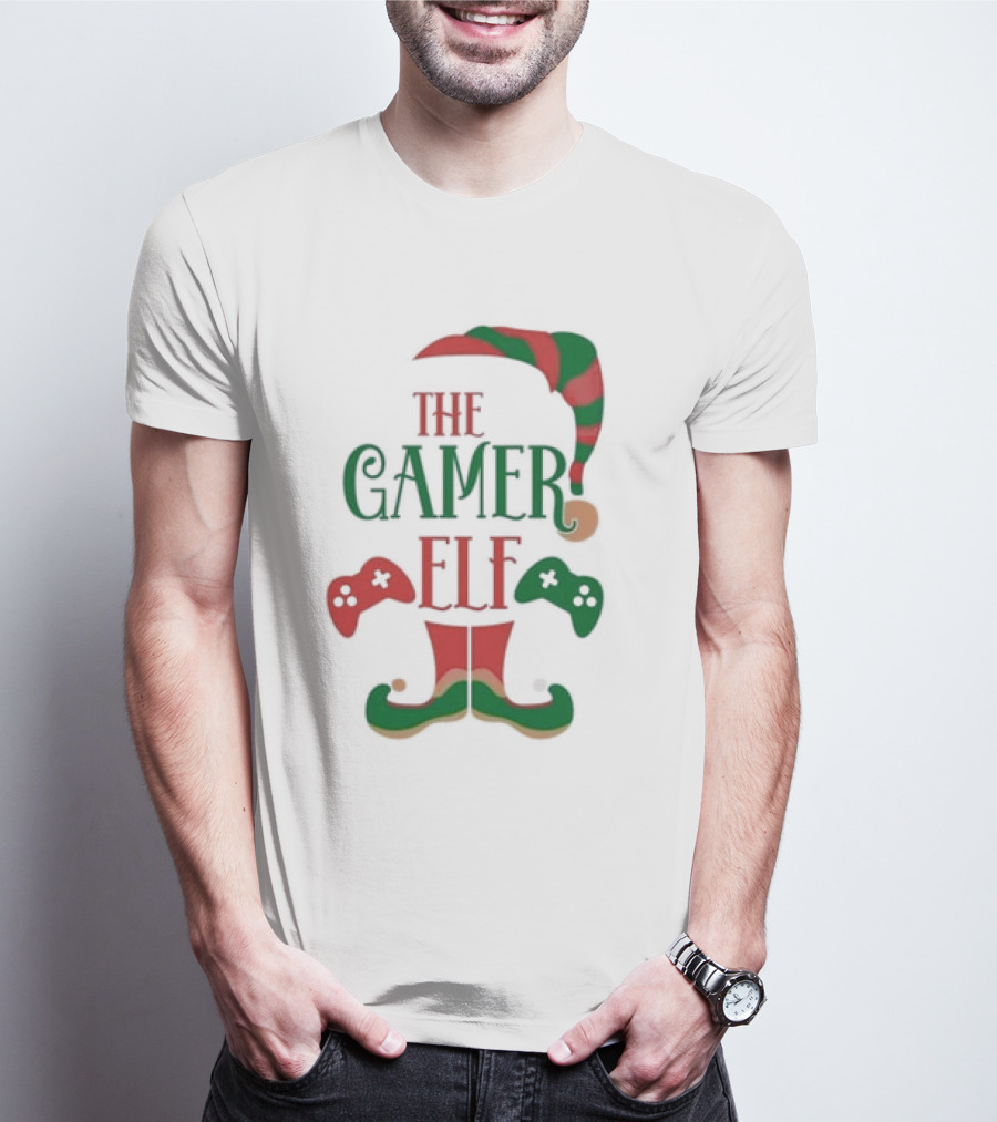 The Gamer Elf With Christmas Hat And Controllers T-Shirt