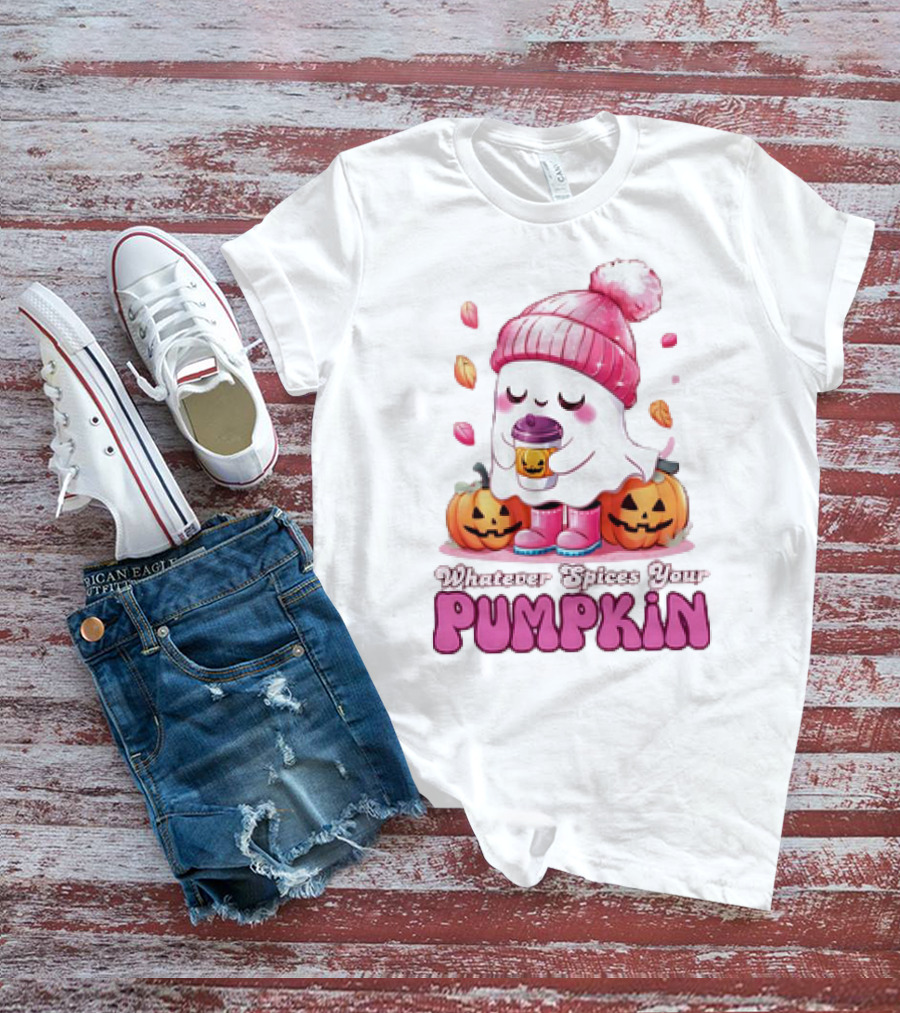 Ghost In Pink Beanie With Coffee And Pumpkins Whatever Spices Your Pumpkin T-Shirt