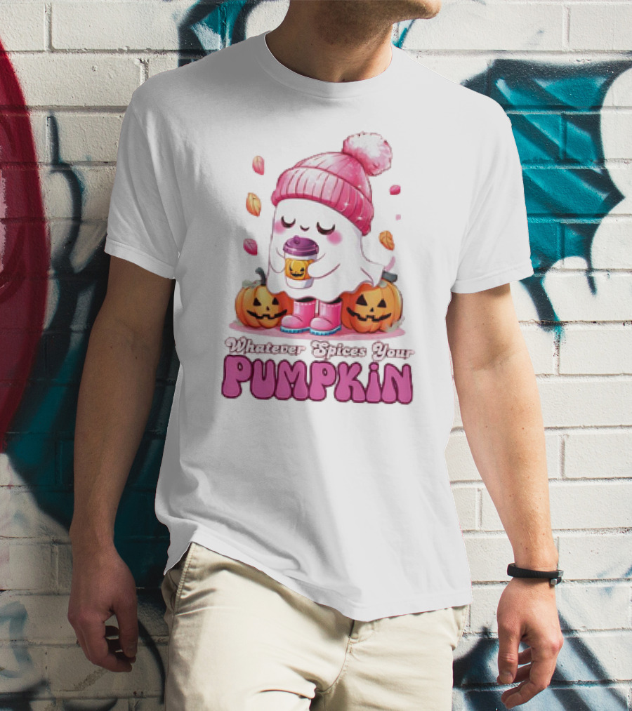 Ghost In Pink Beanie With Coffee And Pumpkins Whatever Spices Your Pumpkin T-Shirt