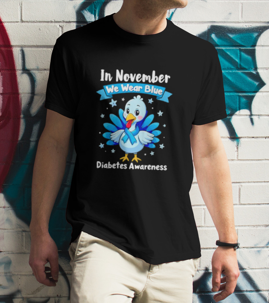 In November We Wear Blue Thanksgiving Diabetes Awareness Turkey With Ribbon And Stars T-Shirt