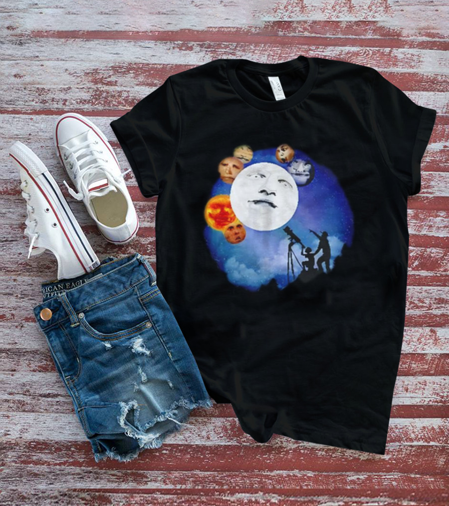 Man And Child Stargazing At Moon And Face Planets T-Shirt