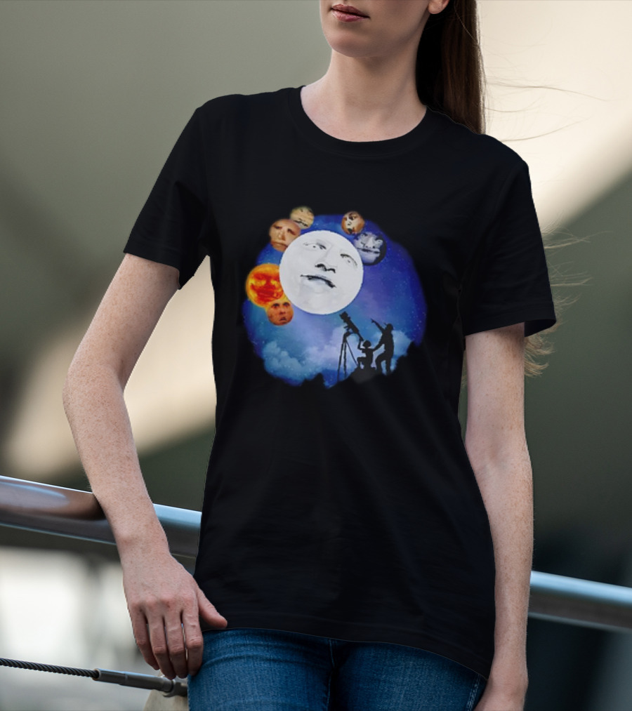 Man And Child Stargazing At Moon And Face Planets T-Shirt