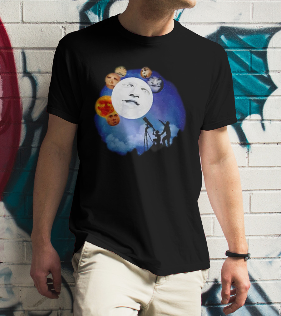 Man And Child Stargazing At Moon And Face Planets T-Shirt
