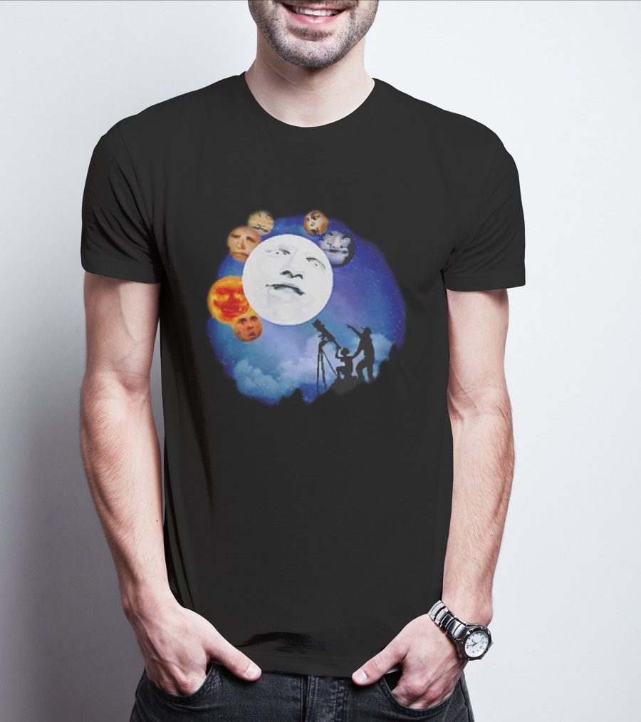 Man And Child Stargazing At Moon And Face Planets T-Shirt