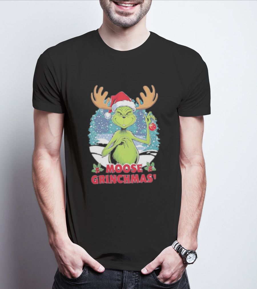 Moose Grinchmas Christmas Grinch Santa Hat Snowflakes T-Shirt