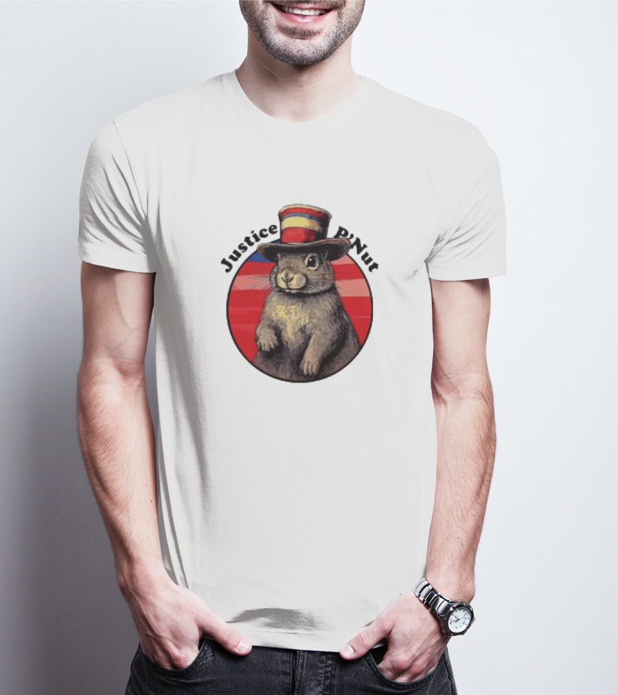 Justice P’Nut Squirrel Wearing Vintage Hat With Red Blue Stripes T-Shirt
