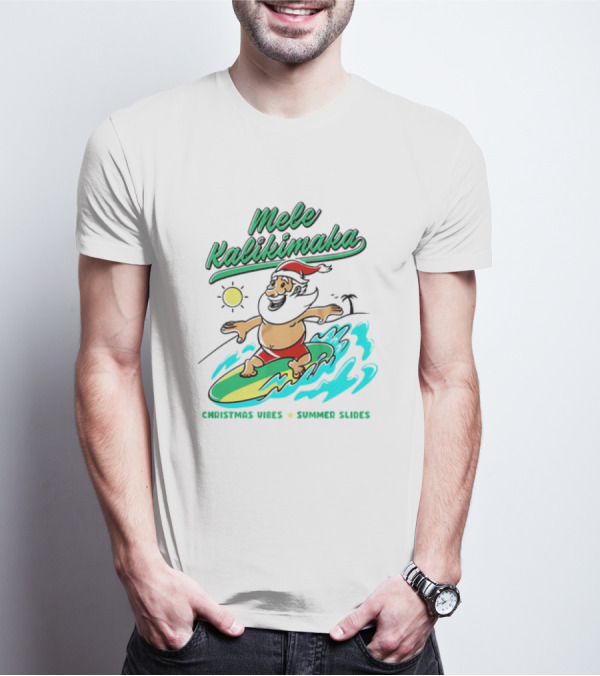 Mele Kalikimaka Santa Surfing Christmas Vibes Summer Slides Tropical Sun T-Shirt
