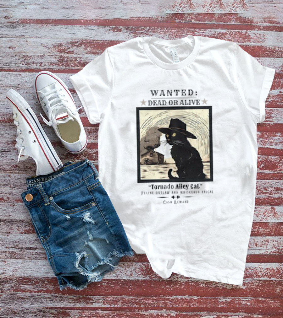 Wanted Dead Or Alive Tornado Alley Cat Oklahoma Whiskered Rascal Cowboy Twister Retro T-Shirt