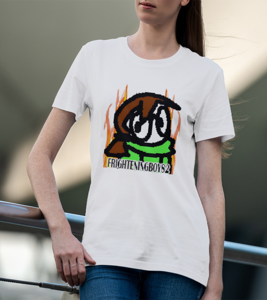 FRIGHTENINGBOY82 Leaf Pixel Art Character With Green Scarf And Flames T-Shirt