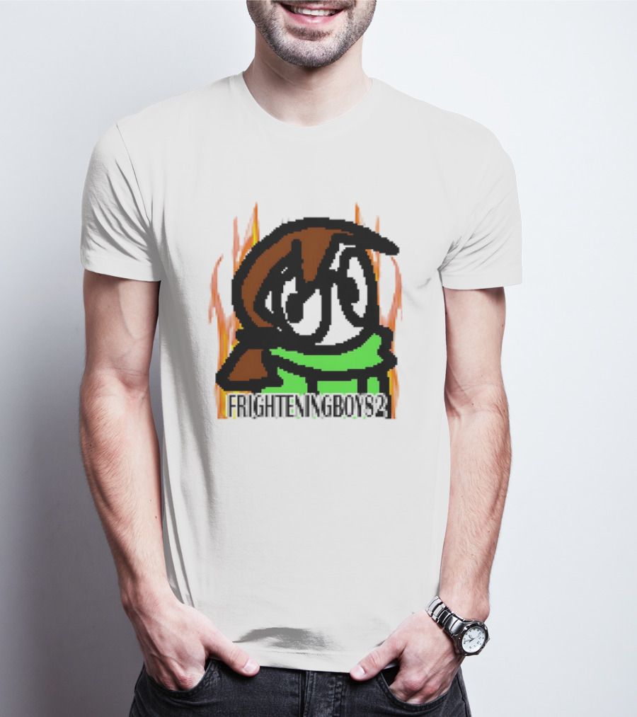 FRIGHTENINGBOY82 Leaf Pixel Art Character With Green Scarf And Flames T-Shirt