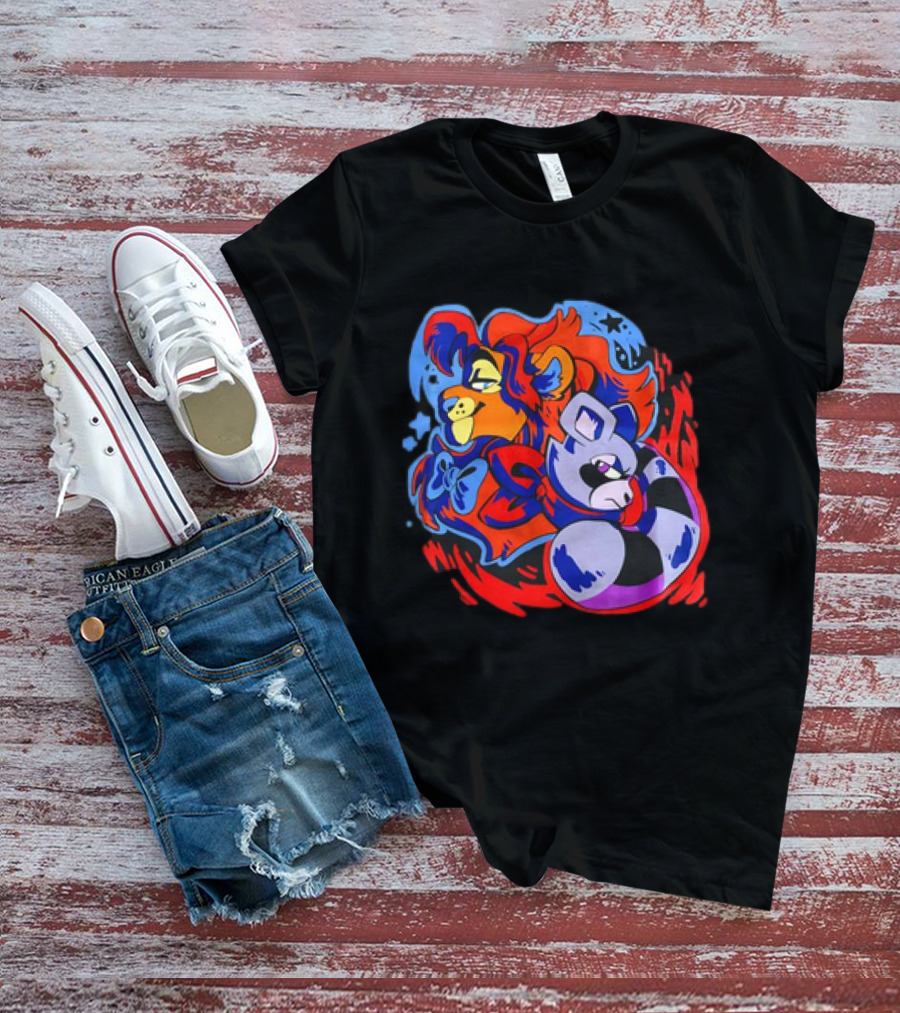 Lion And Raccoon Cartoon With Colorful Flowing Manes And Scarves T-Shirt
