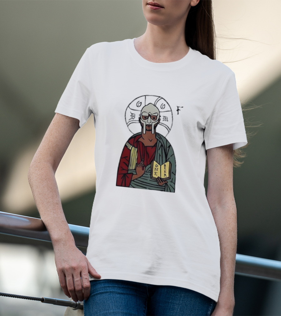 MF DOOM Cartoon Iconic Mask With Sacred Imagery And Open Book One Beer T-Shirt