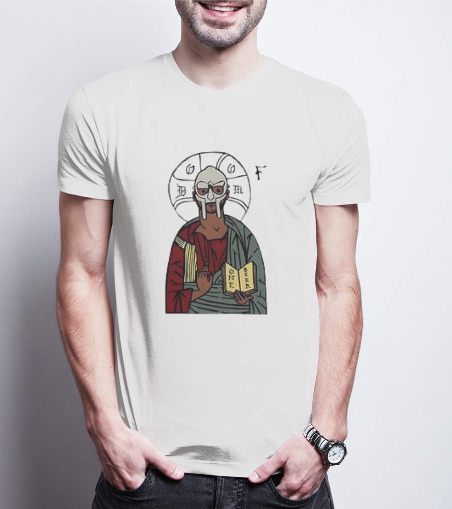 MF DOOM Cartoon Iconic Mask With Sacred Imagery And Open Book One Beer T-Shirt