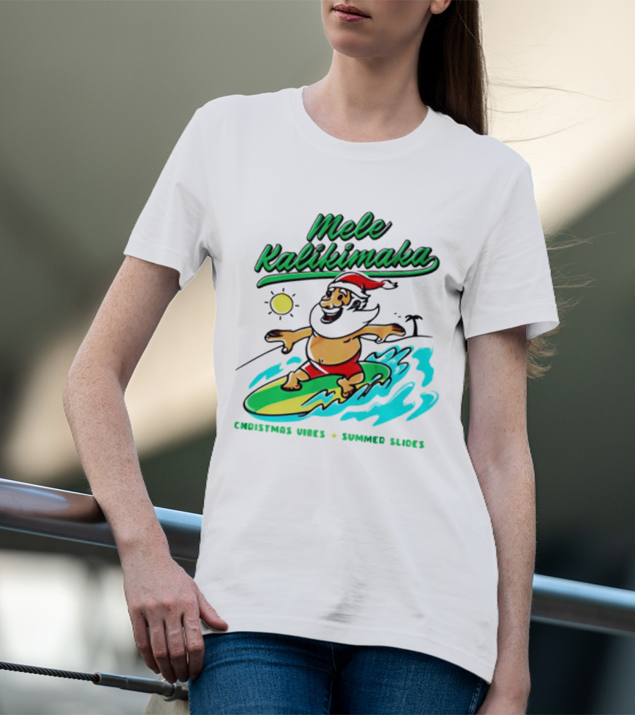 Mele Kalikimaka Santa Claus Surfing Christmas Vibes Summer Slides T-Shirt