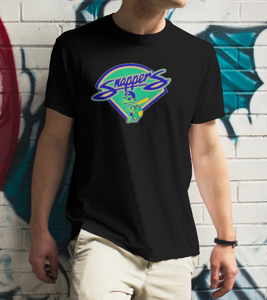 Snappers Baseball Turtle Mascot With Cap And Bat On Green Blue Badge T-Shirt