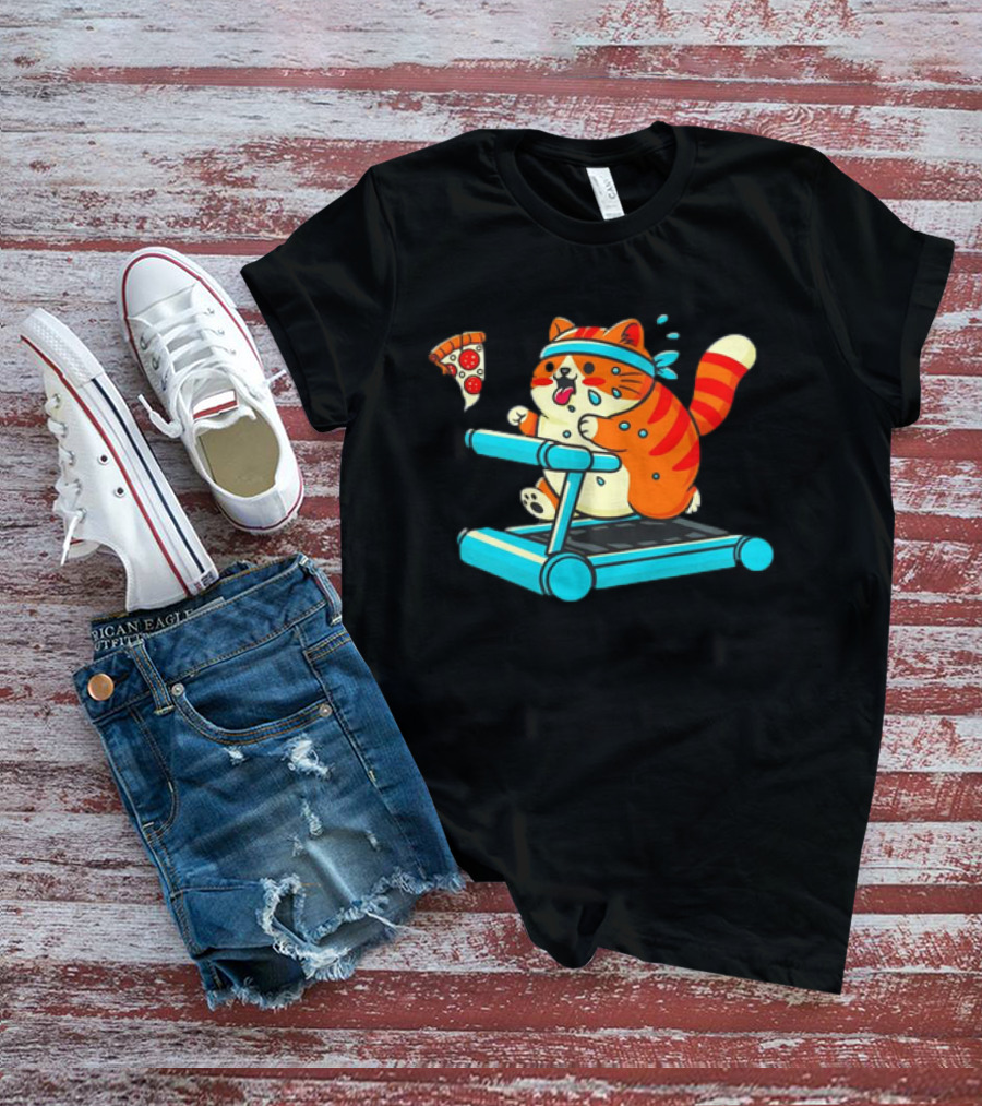 Chasing Dreams And Pizza Slices Chonky Cat Running On Treadmill T-Shirt