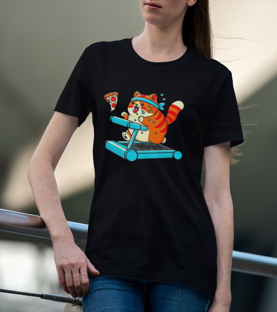 Chasing Dreams And Pizza Slices Chonky Cat Running On Treadmill T-Shirt