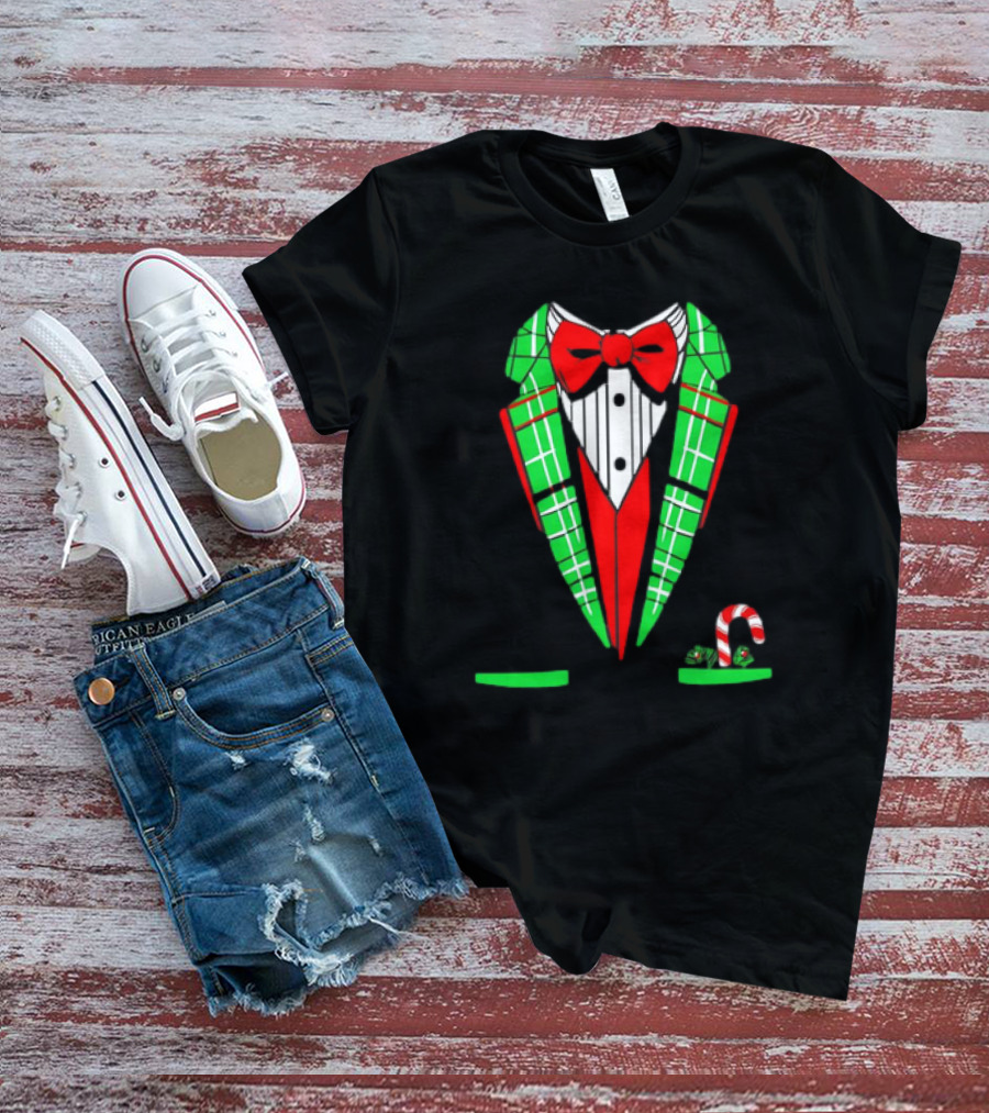 Santa Tuxedo Christmas Suit Candy Cane Plaid Bow Tie T-Shirt