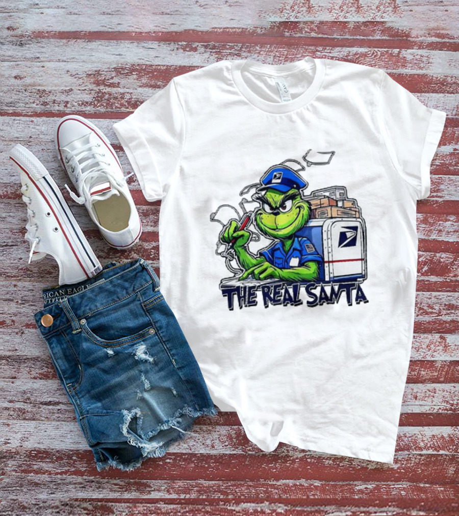 Grinch USPS The Real Santa Postal Delivery Holiday Fun T-Shirt