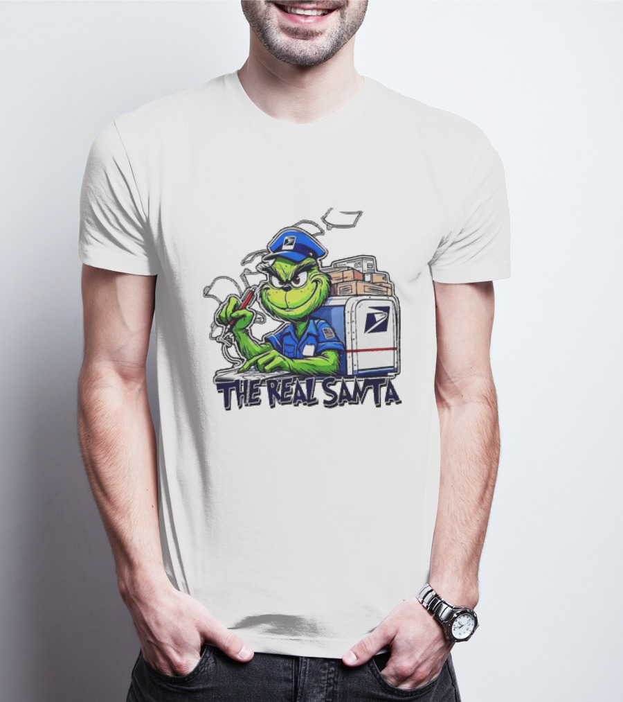 Grinch USPS The Real Santa Postal Delivery Holiday Fun T-Shirt