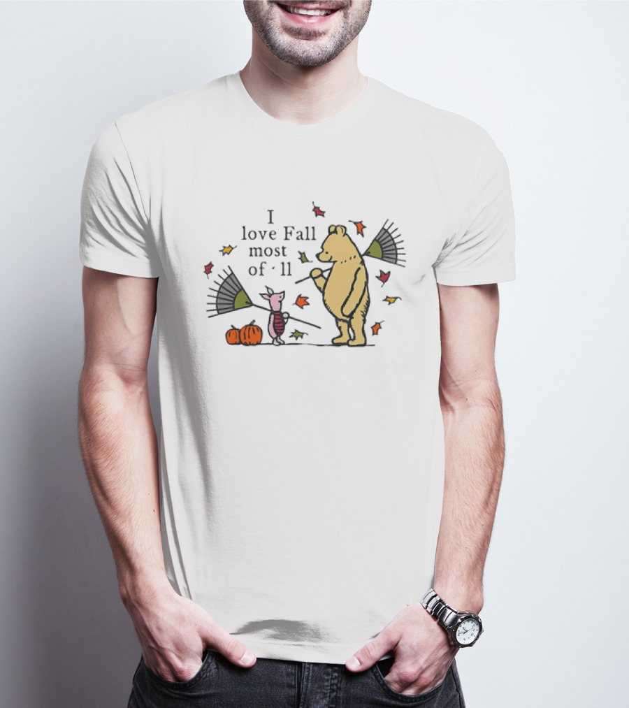 I Love Fall Most Of All Winnie The Pooh Piglet Raking Leaves Pumpkins T-Shirt