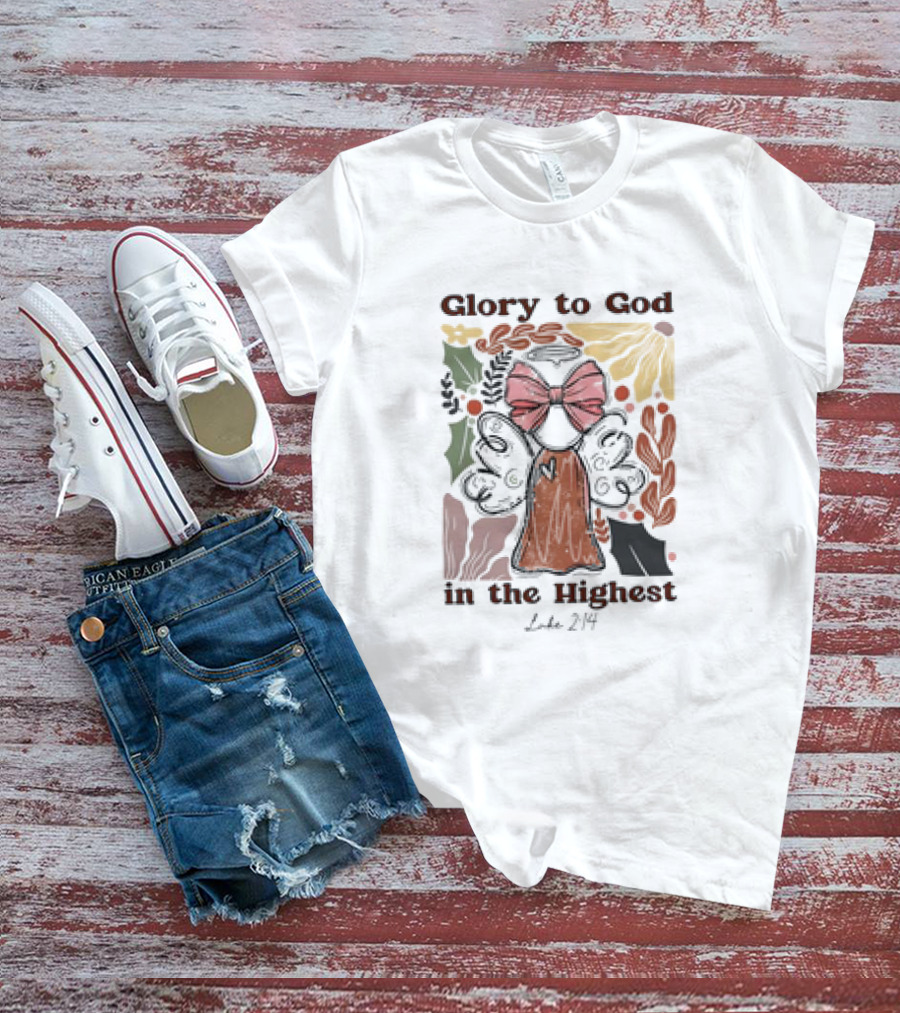 Glory To God In The Highest Luke 2:14 Retro Vintage Christian Angel Bow T-Shirt