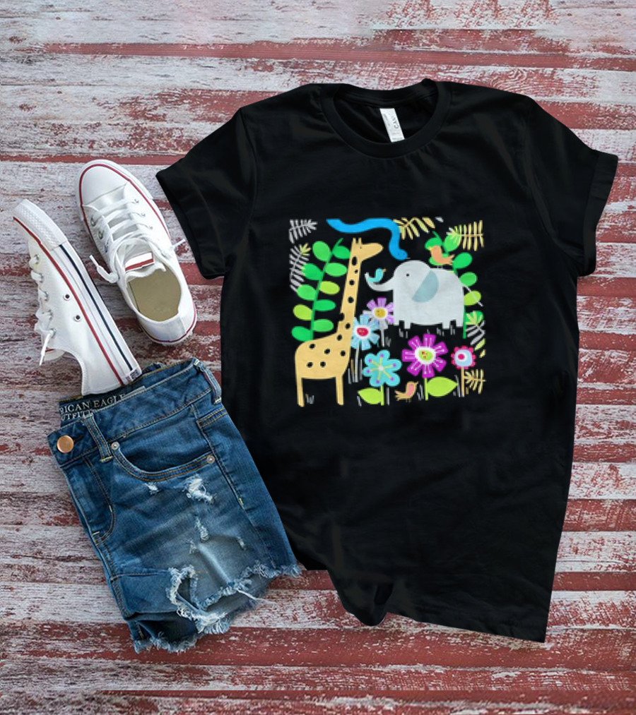 Safari Animal Party Jungle Giraffe Elephant Floral T-Shirt