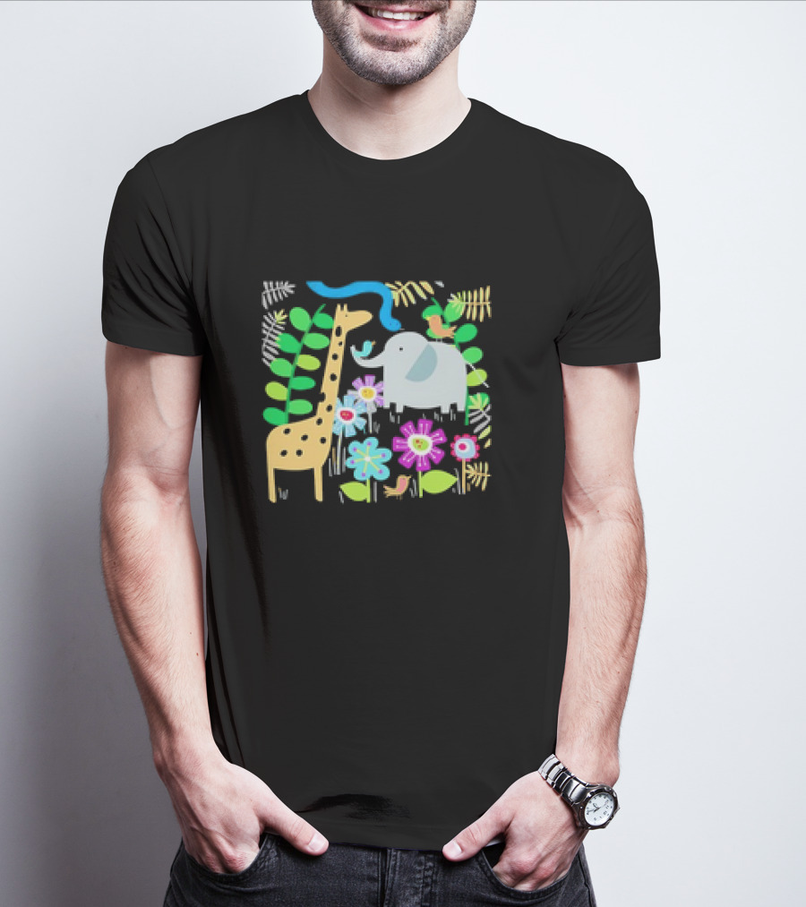 Safari Animal Party Jungle Giraffe Elephant Floral T-Shirt