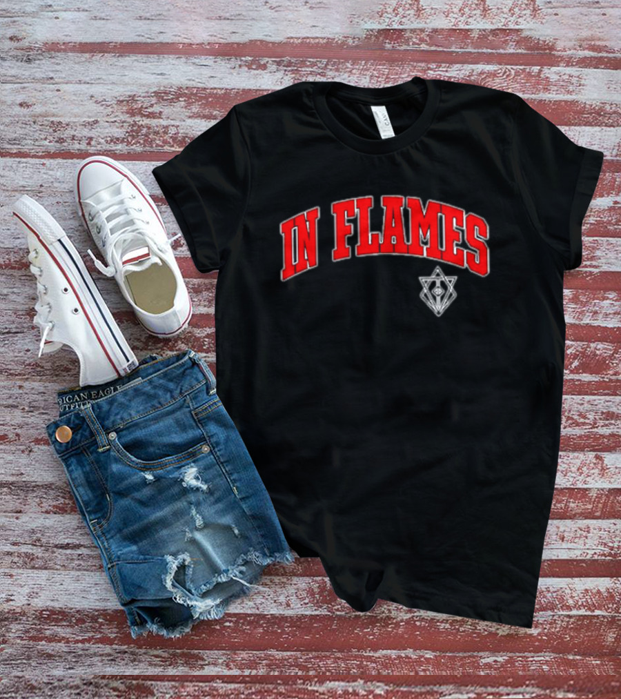 In Flames Red Collegiate Text With Geometric T-Shirt
