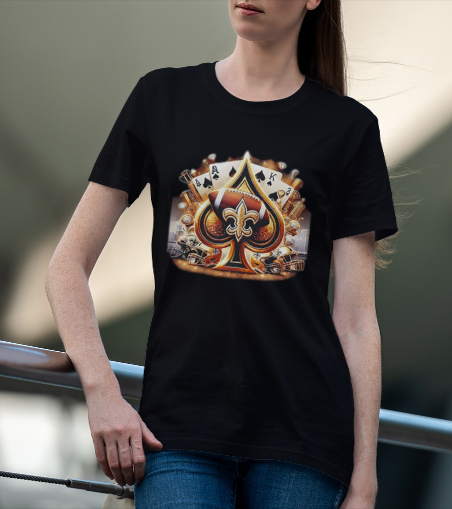 New Orleans Saints Gold Spade Football And Fleur-de-Lis With Playing Cards And Helmets T-Shirt