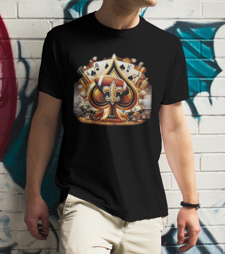 New Orleans Saints Gold Spade Football And Fleur-de-Lis With Playing Cards And Helmets T-Shirt
