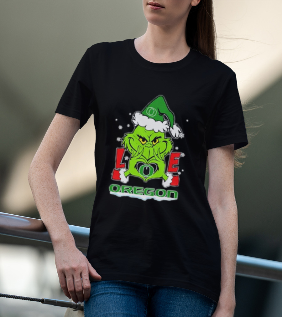 Grinch Hand Love Oregon Ducks Christmas Santa Hat Snowflakes T-Shirt