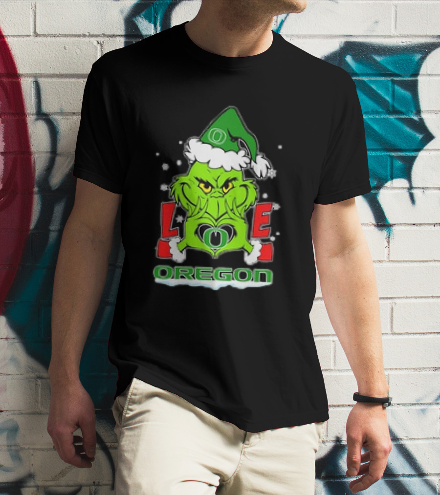 Grinch Hand Love Oregon Ducks Christmas Santa Hat Snowflakes T-Shirt