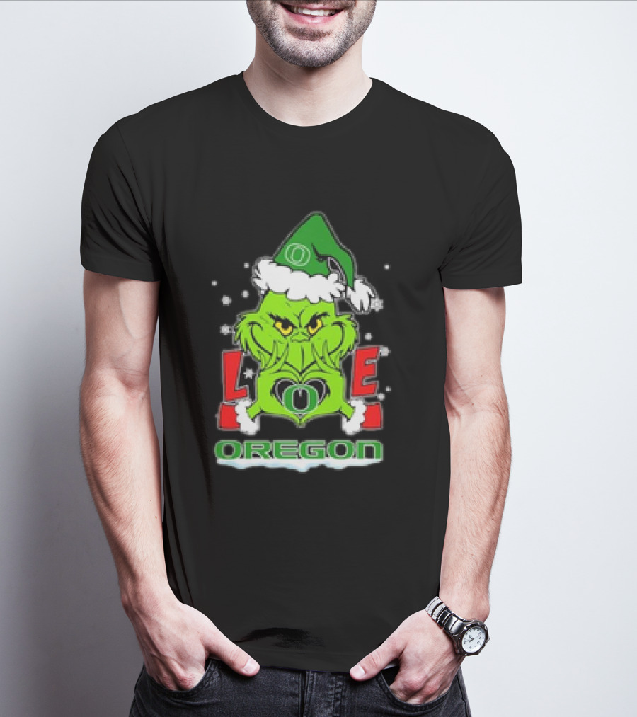 Grinch Hand Love Oregon Ducks Christmas Santa Hat Snowflakes T-Shirt