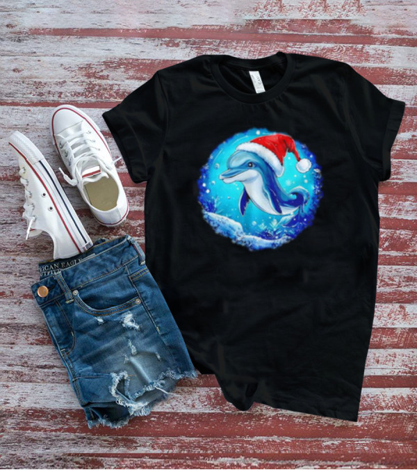 Dolphins Christmas Cute Santa Hat Snowflakes T-Shirt