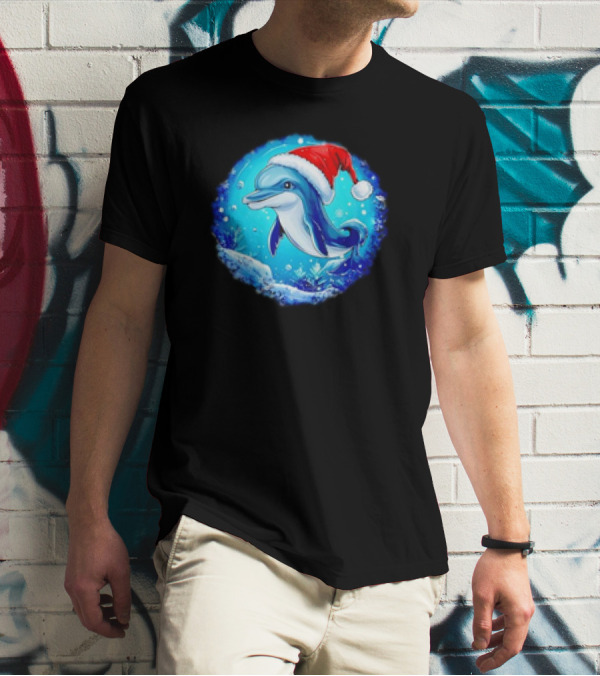 Dolphins Christmas Cute Santa Hat Snowflakes T-Shirt