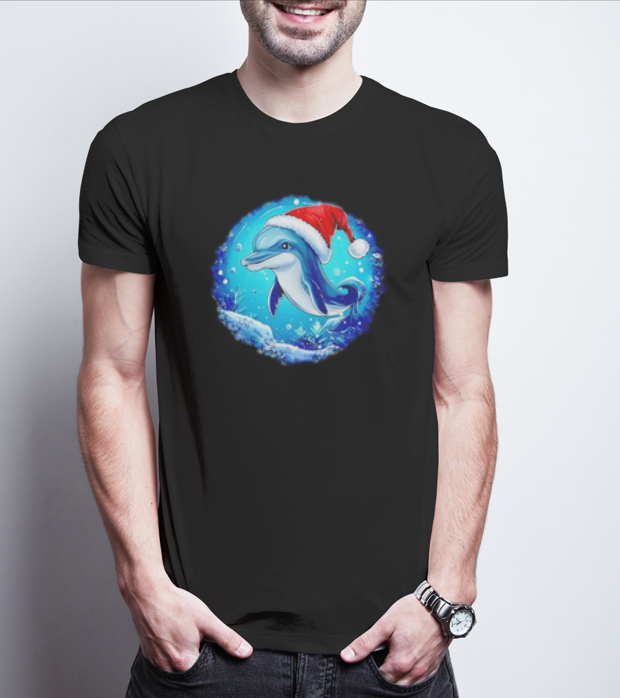 Dolphins Christmas Cute Santa Hat Snowflakes T-Shirt