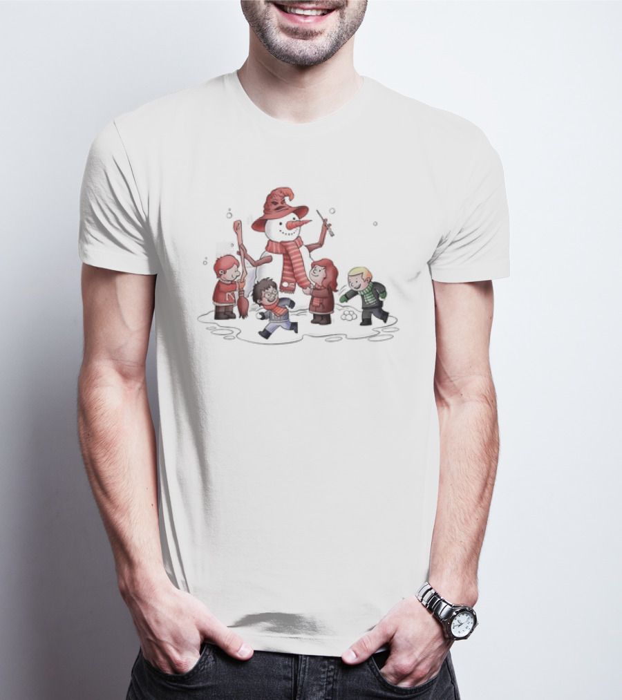 Young Wizarding Students Joyfully Crafting A Snowman With Scarves And Wand T-Shirt