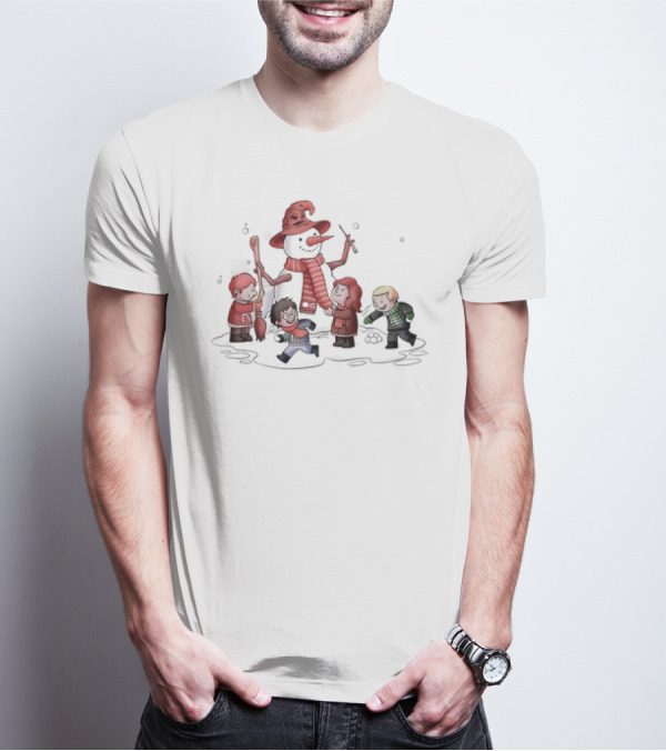 Young Wizarding Students Joyfully Crafting A Snowman With Scarves And Wand T-Shirt