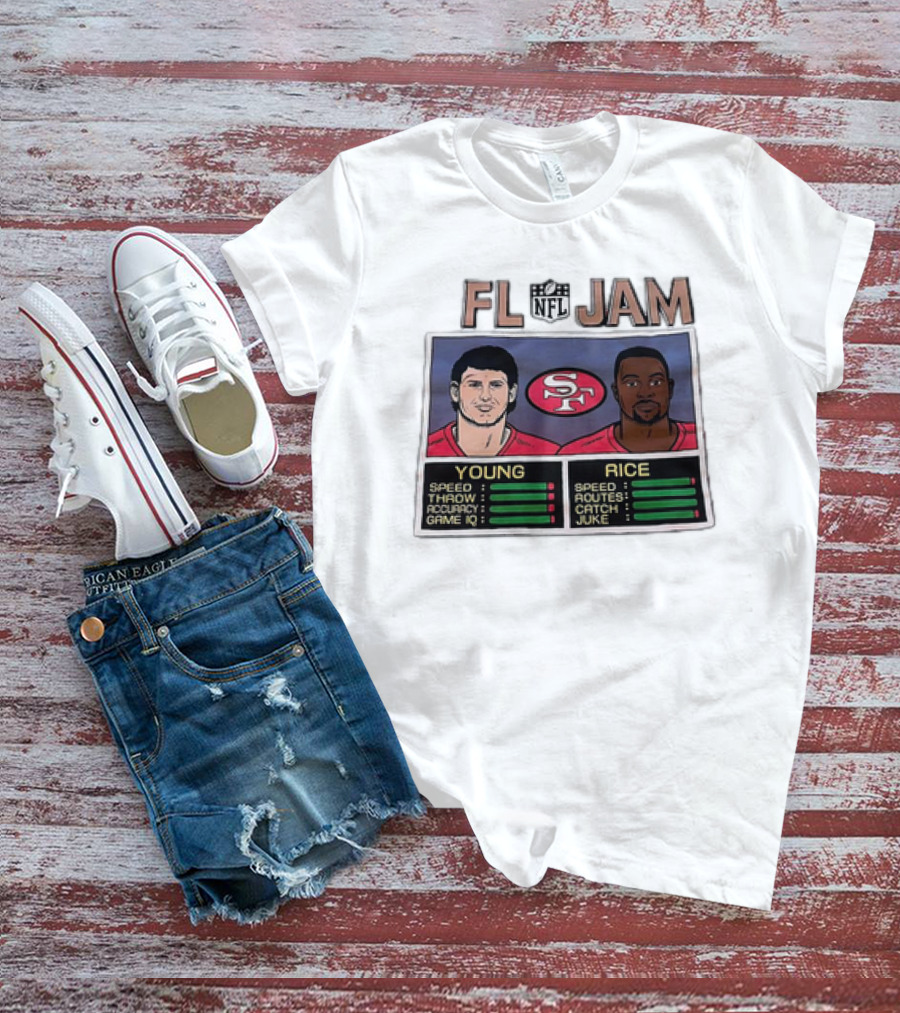 NFL Jam San Francisco 49ers Young Rice Speed Throw Catch T-Shirt